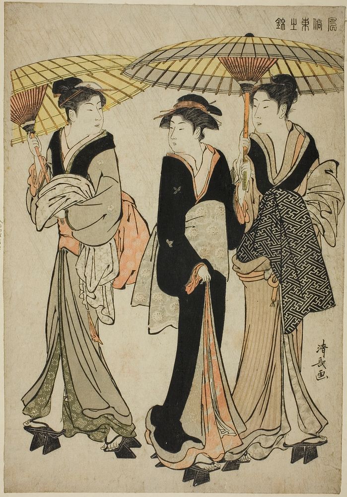 Under Umbrellas in a Shower, from the series "A Brocade of Eastern Manners (Fuzoku Azuma no nishiki)" by Torii Kiyonaga