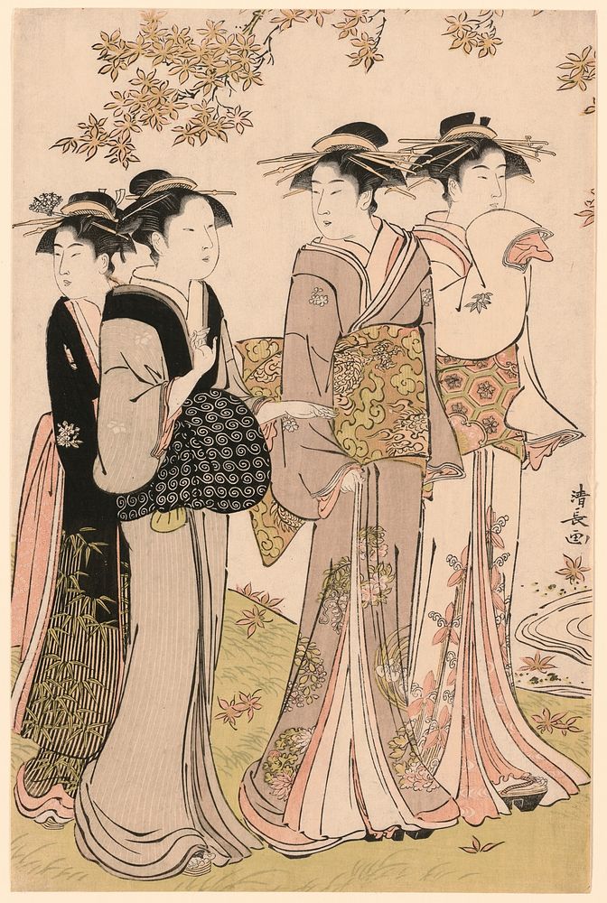 Beauties Under a Maple Tree, from the series "A Collection of Contemporary Beauties of the Pleasure Quarters (Tosei yuri…