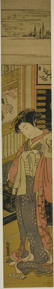 The Courtesan Kaoru of Chojiya Looking Down at a Love Letter on the Floor by Isoda Koryusai
