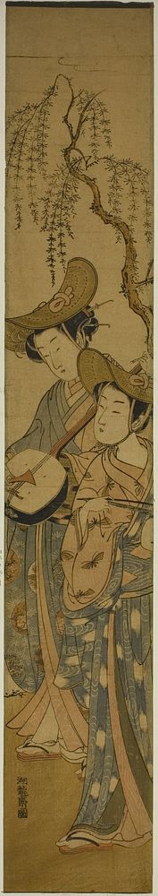 Two Itinerant Musicians under a Willow Tree by Isoda Koryusai