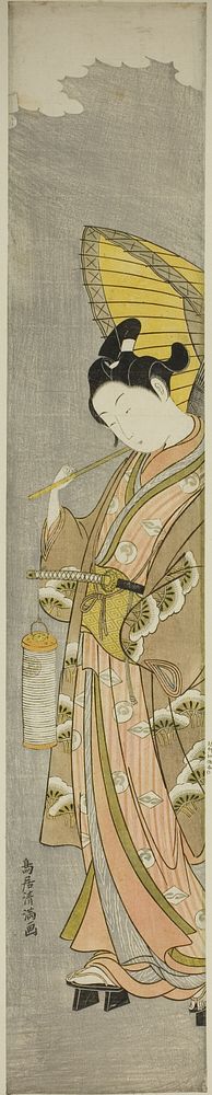 Young man holding umbrella and lantern by Torii Kiyomitsu I