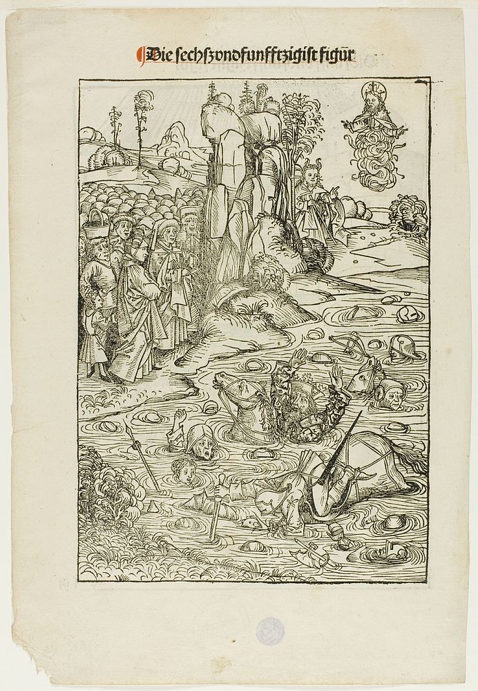 Pharoah and His Host Perishing in the Red Sea (verso); The Freeing of King Joachim of Jerusalem (recto), pages 56 and 55…