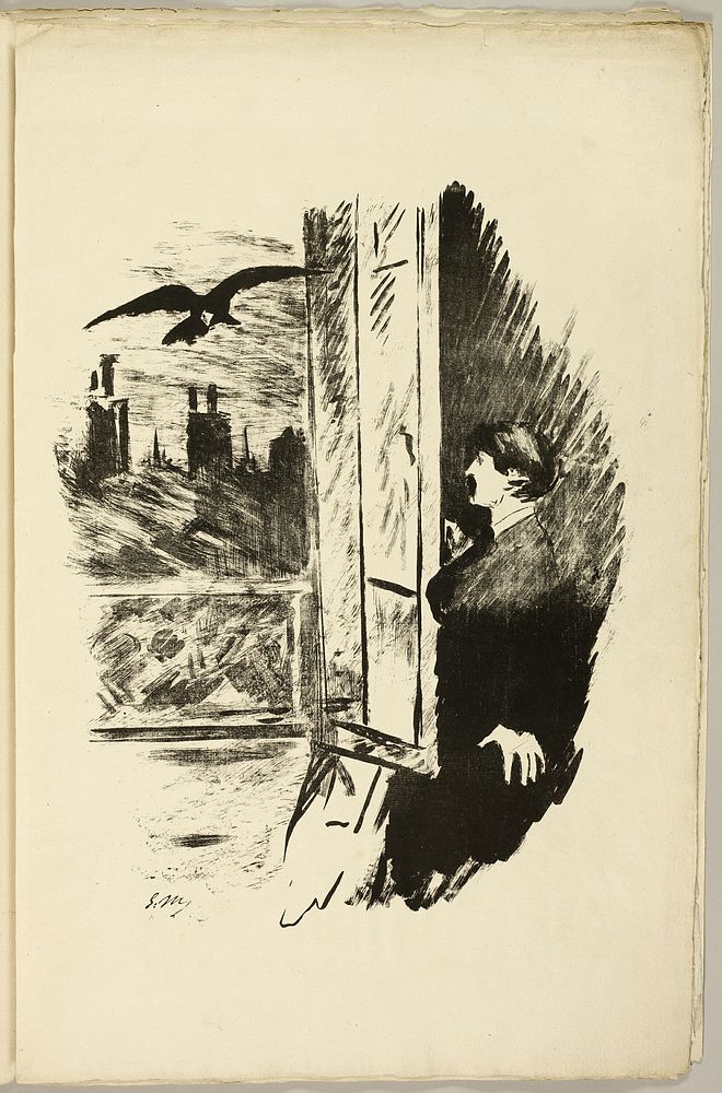 At the window ("Open here I flung the shutter..."), from The Raven (Le Corbeau) by Édouard Manet