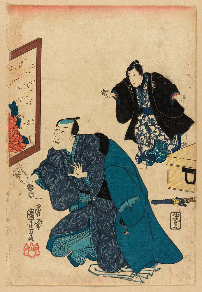 Ichikawa Danjuro VII before a screen decorated with peonies by Utagawa Kuniyoshi