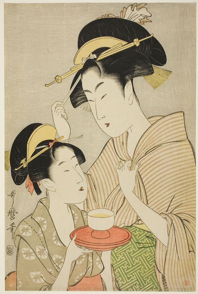 A Young Girl Offering Tea to Another Woman by Kitagawa Utamaro