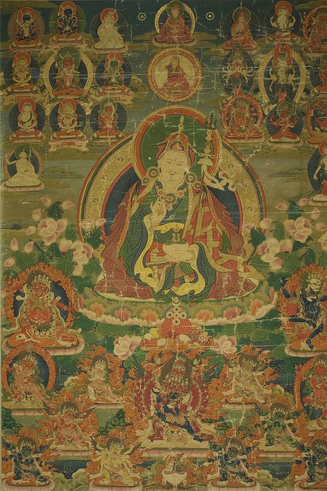 Painted Banner (Thangka) of Sage Guru Padmasambhava Seated Holding a Thunderbolt (Vajra) and Skull Cup (Kapala)