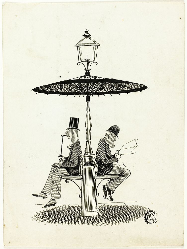 Two Gentlemen Seated Under Lamp Post with Japanese Umbrella by S. F. Paynter