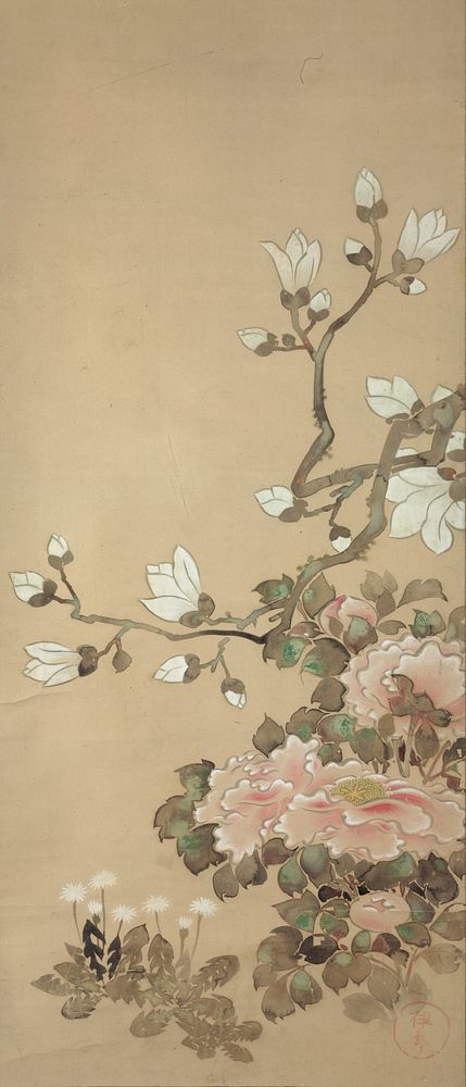 Peonies, Magnolia, and Dandelions by Tawaraya Sôtatsu