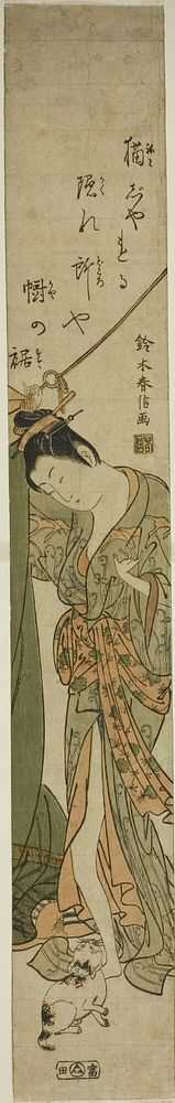 Beauty Looking Down at a Cat while Fixing a Mosquito Net by Suzuki Harunobu