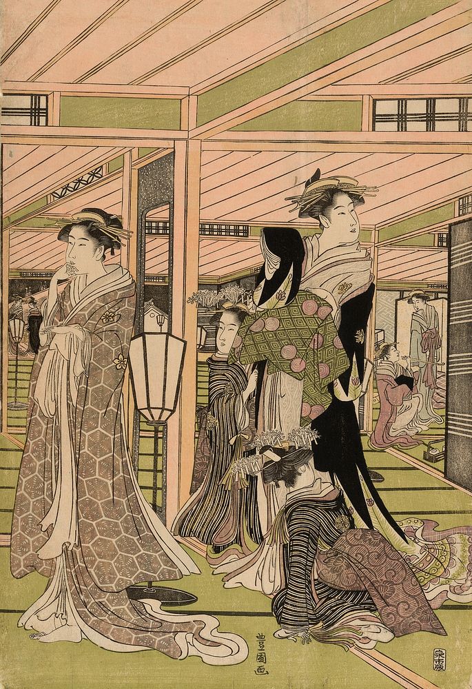 The parlor of a brothel in the pleasure quarters by Utagawa Toyokuni I