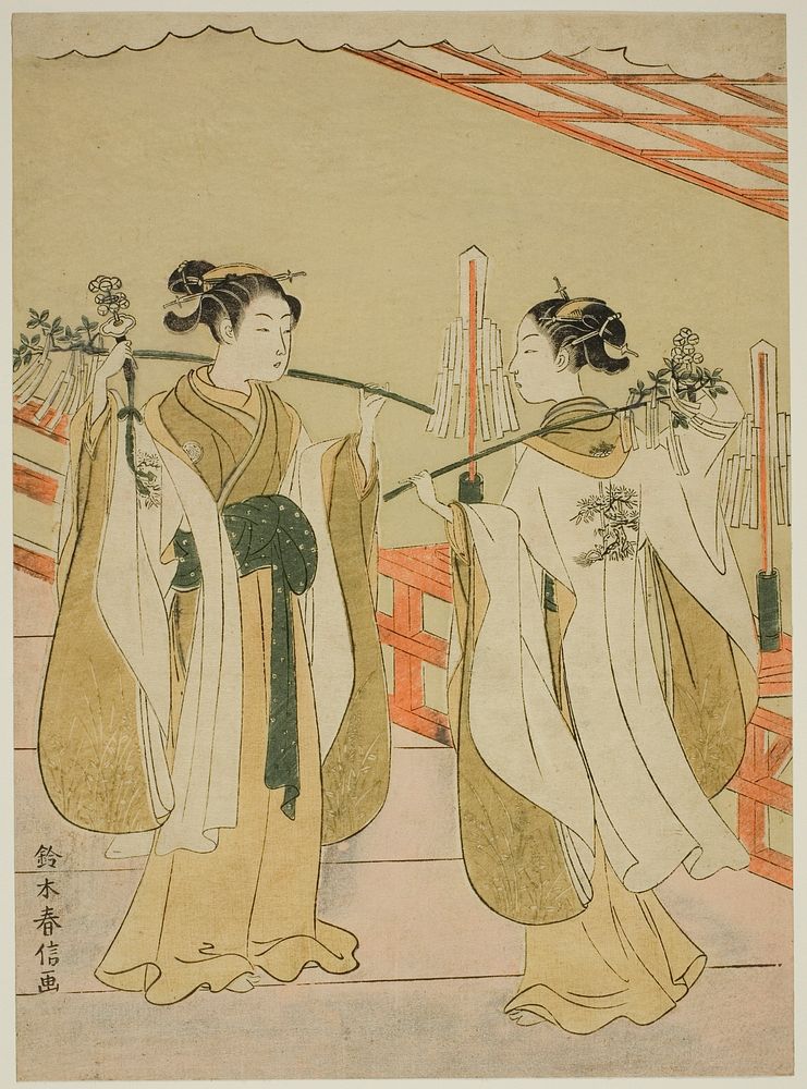 Shrine Maidens Onami and Ohatsu Dancing at Yushima Tenjin Shrine by Suzuki Harunobu