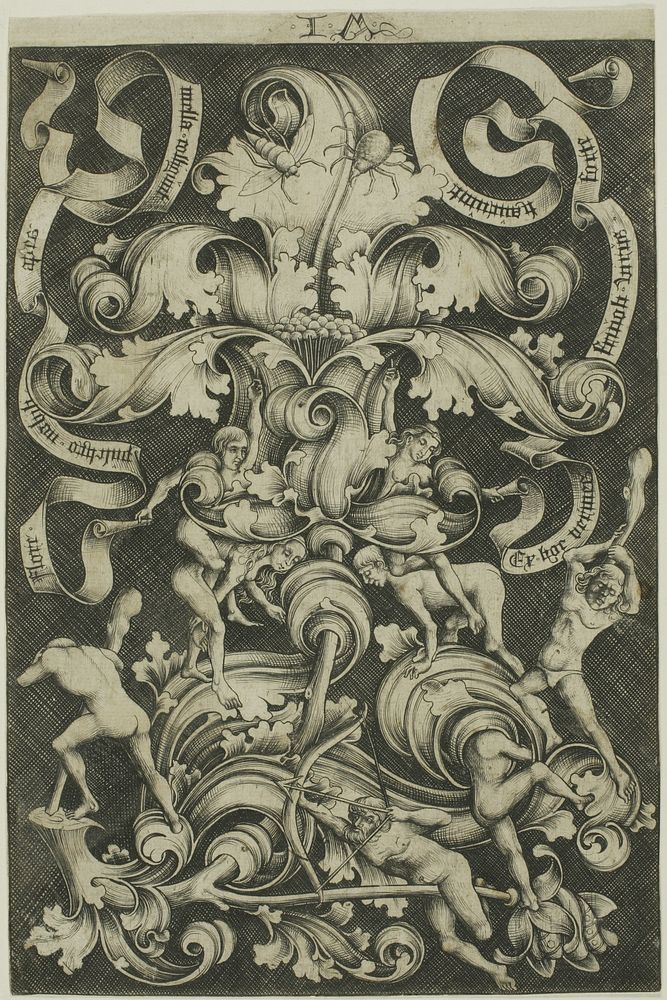 Ornament With Flower and Eight Wild Folk by Israhel van Meckenem, the younger
