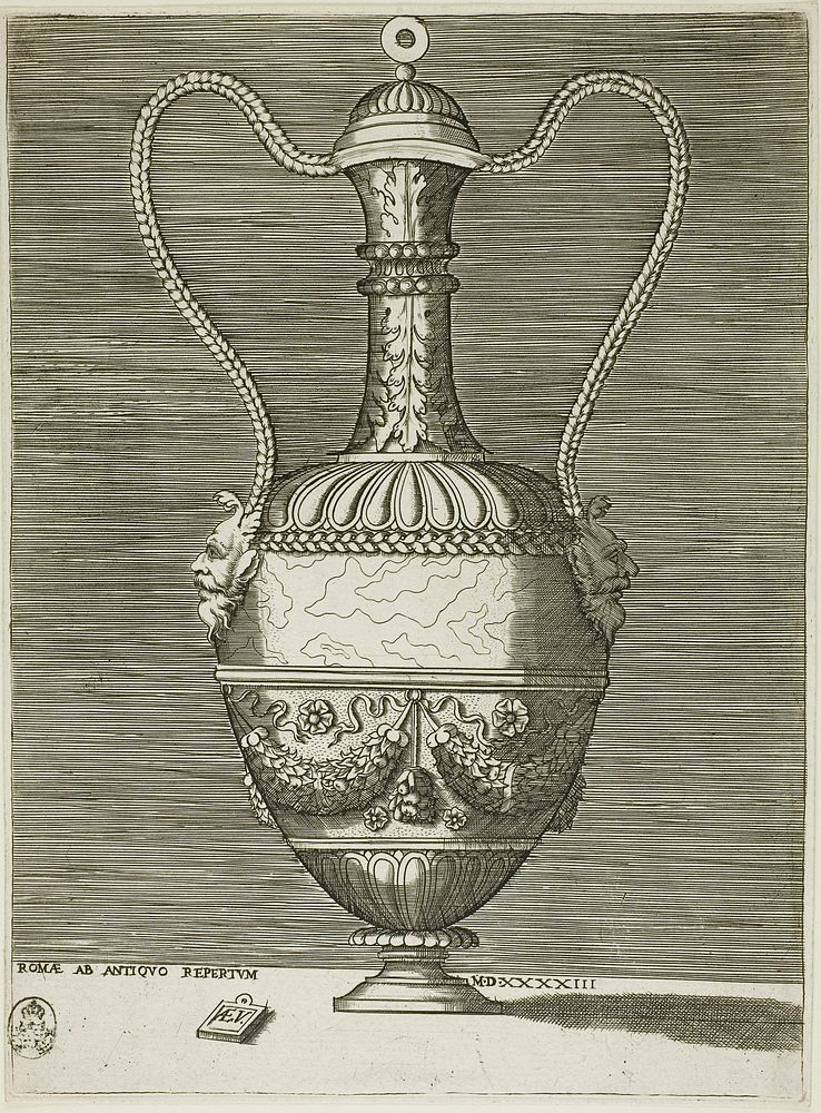 Vase with Two Grotesque Masks, plate six from A Series of Vases Drawn After the Antique by Enea Vico