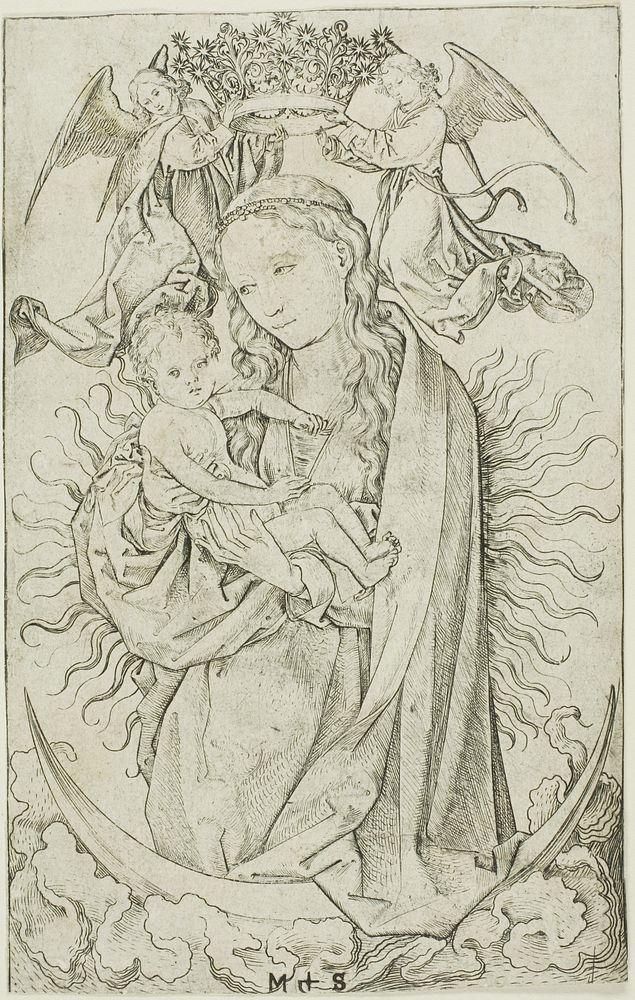 The Madonna on the Crescent Crowned by Two Angels by Martin Schongauer