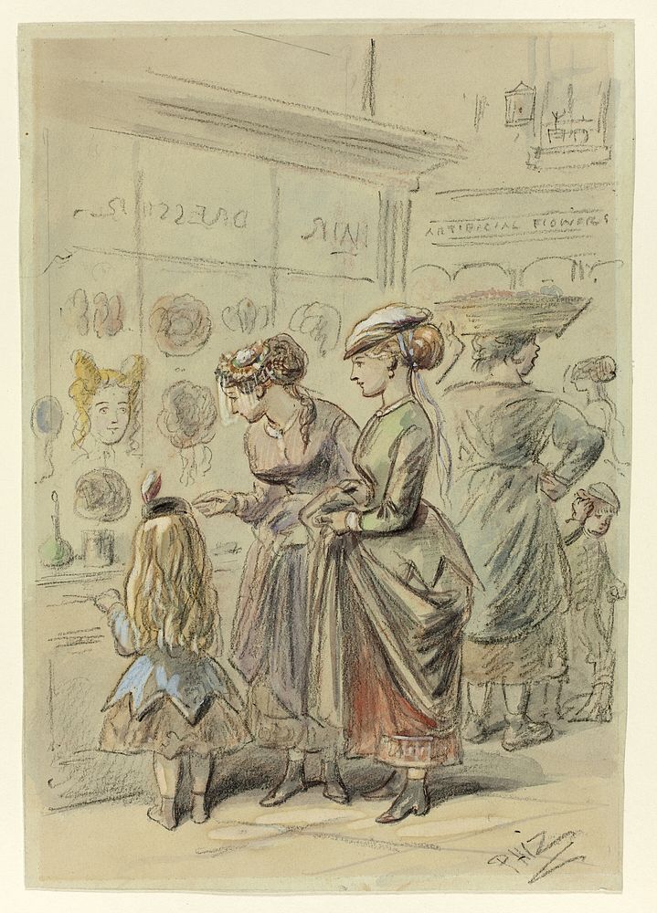 Two Ladies and Little Girl Before Hairdresser's Shop by Hablot Knight Browne