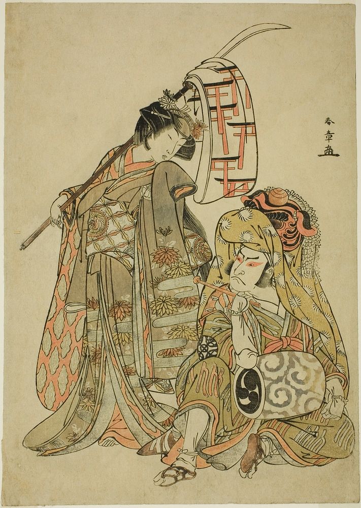 The Actors Nakamura Nakazo I as Onmaya Kisanda Dressed as Kakubei the Lion Dancer (Kakubei-jishi) (right) and Segawa…