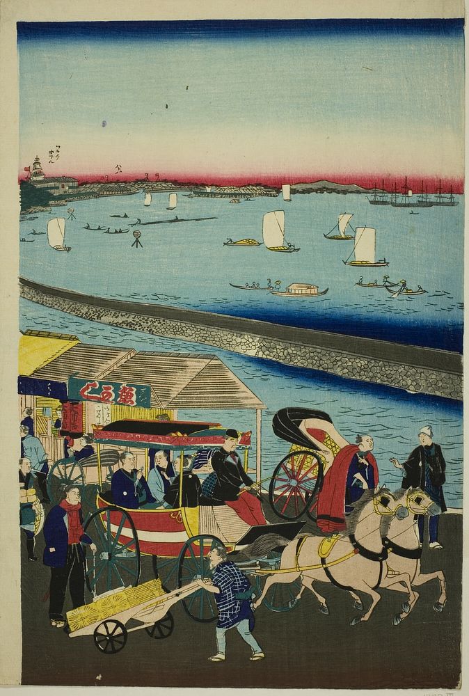 Picture of the Steam Engine Railway in Yatsuyama, Tokyo (Tokyo Yatsuyama shita kaigan jokisha tetsudo no zu) by Utagawa…