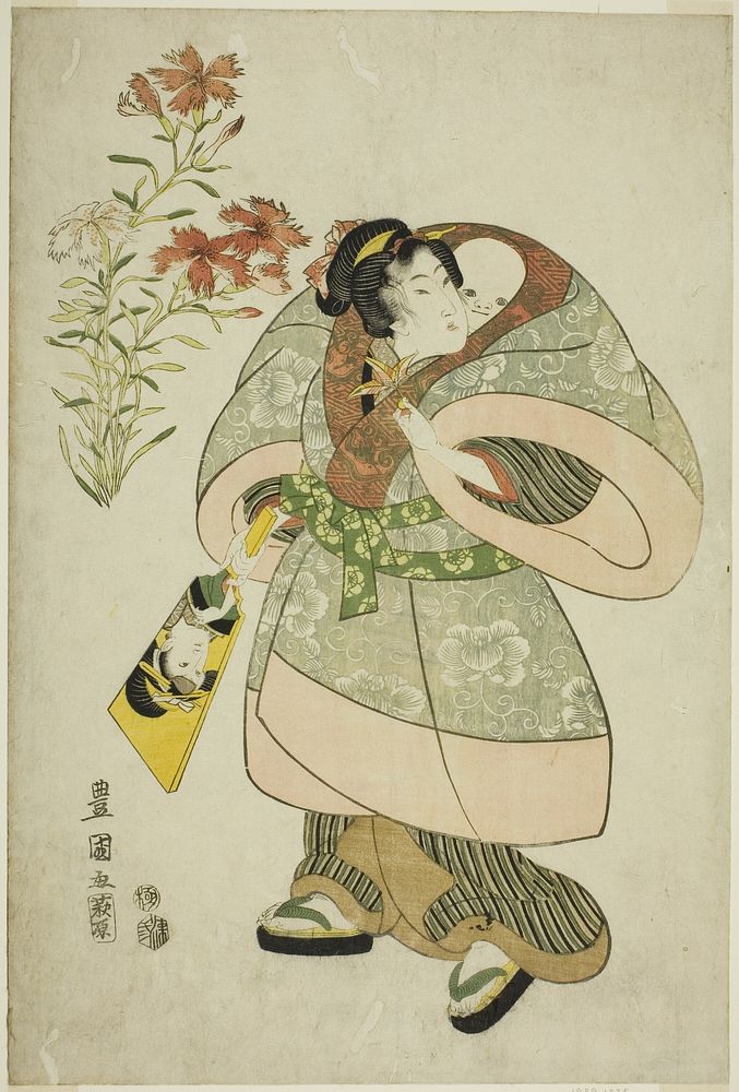 Pinks: nurse and baby, from an untitled series of beauties and flowers by Utagawa Toyokuni I
