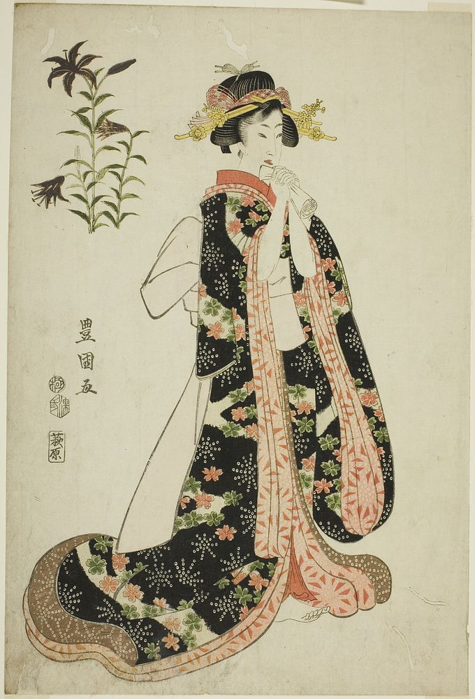 Lilies: young woman holding a letter, from an untitled series of beauties and flowers by Utagawa Toyokuni I