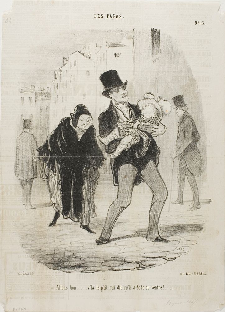 “- Yes alright, but the poor boy's belly is hurting,” plate 13 from Les Papas by Honoré-Victorin Daumier