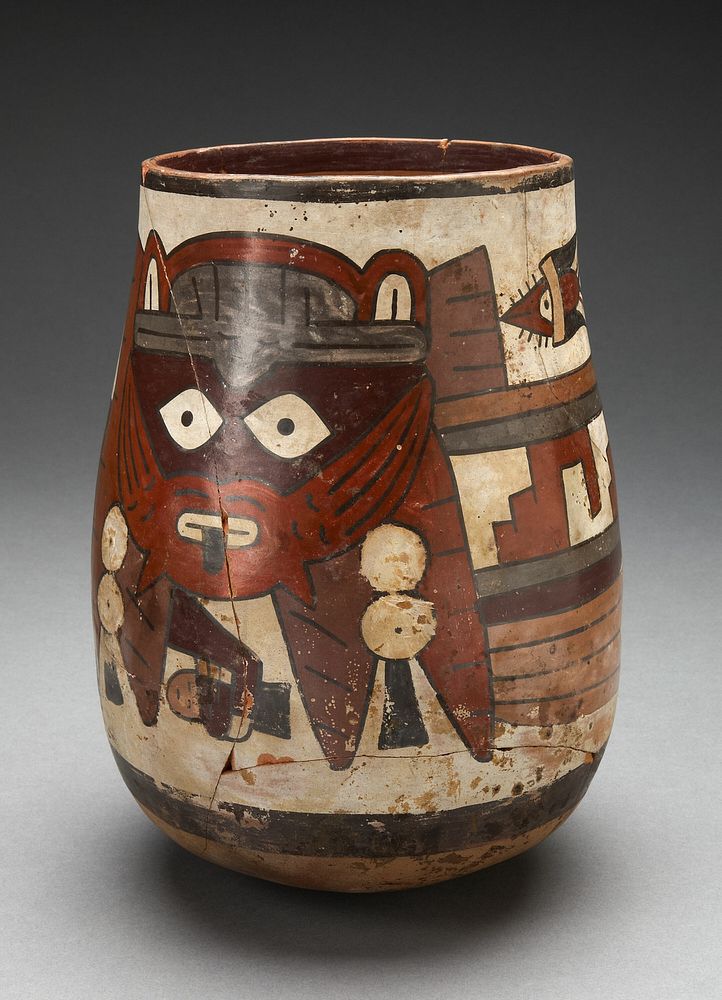 Rounded Beaker Depicting Masked Figure Holding Decapitated Head by Nazca