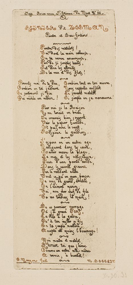 Dedicatory Verses by Meryon to Reinier Nooms, Called Zeeman by Charles Meryon