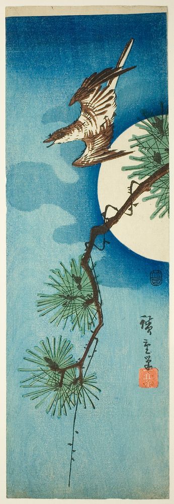 Cuckoo, pine branch, and full moon by Utagawa Hiroshige