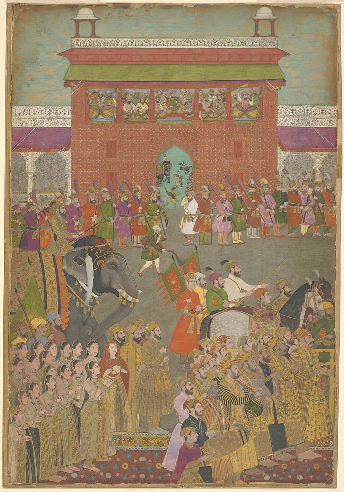 A Procession Scene with Musicians, from a copy of the Padshanama by Mughal