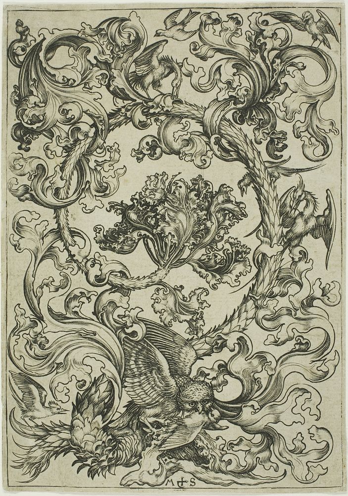 Ornament with Owl Mocked by Day Birds by Martin Schongauer