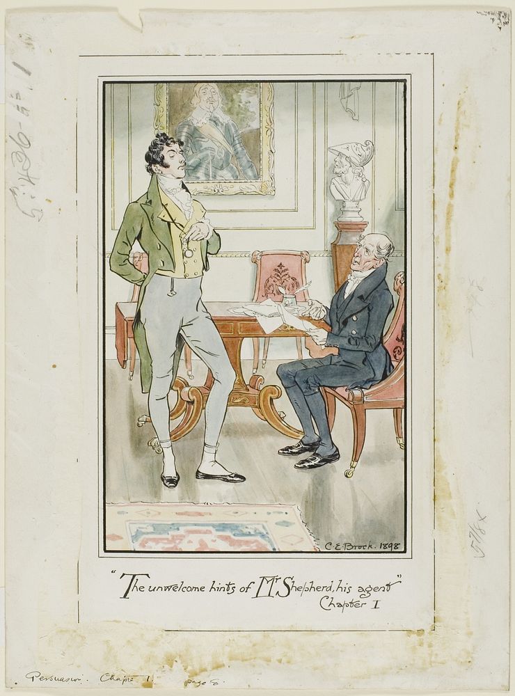 "'The unwelcome hints of Mr. Shepherd, his Agent,' Chapter I" frontispiece for Jane Austen's Persuasion by Charles Edmund…