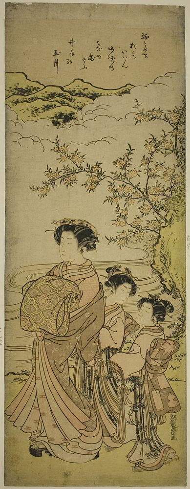 Courtesan and Two Attendants Parading by a Stream by Isoda Koryusai