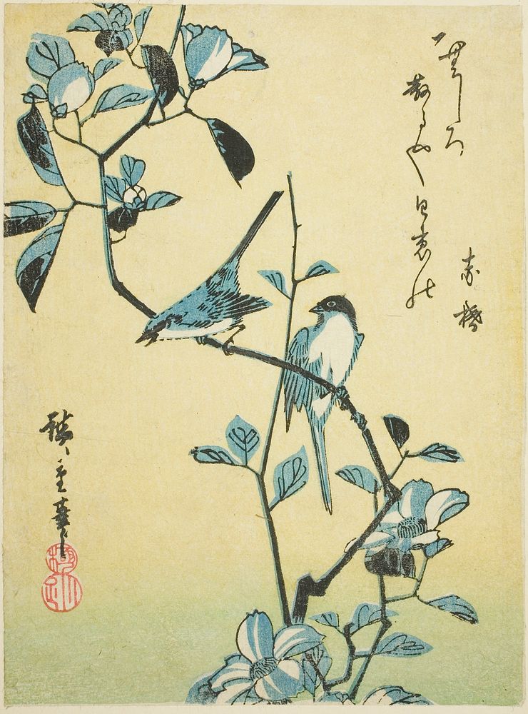 Birds on camellia branch by Utagawa Hiroshige