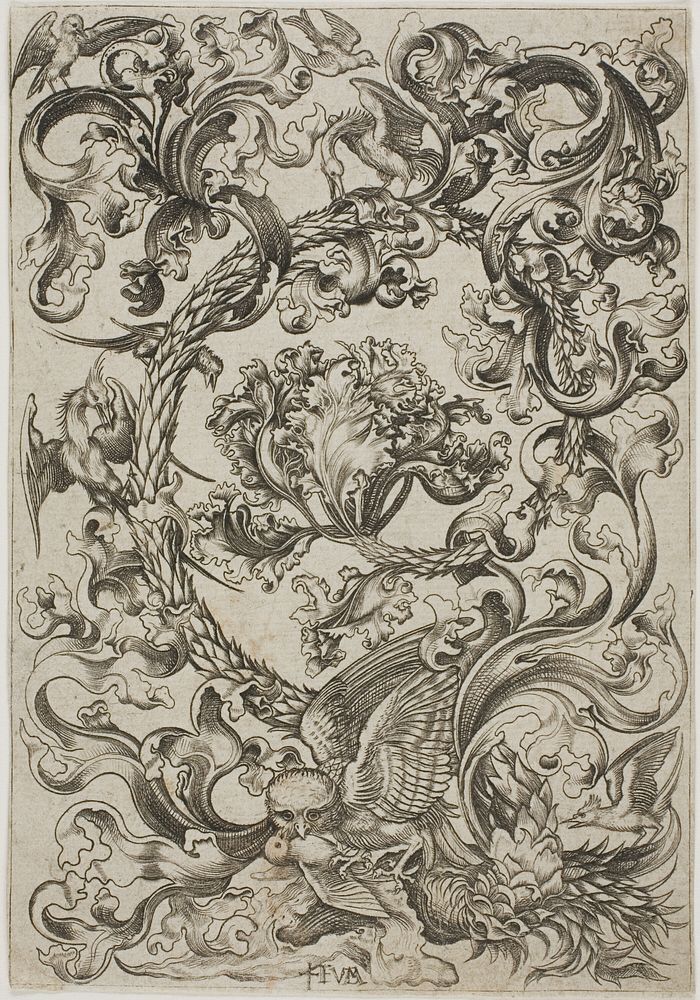 Ornament with Owl Mocked by Day Birds by Master F.V.B.