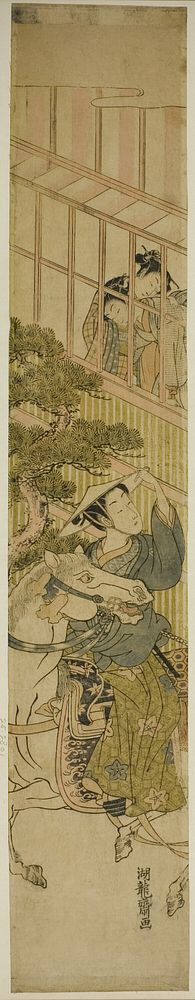 Young Man on Horseback and Two Women Watching from a Window by Isoda Koryusai