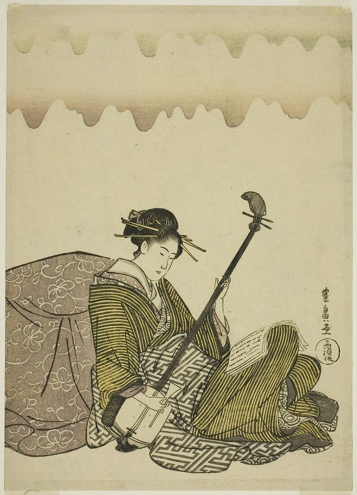 Woman playing shamisen, from an untitled series of women at leisure by Utagawa Toyohiro