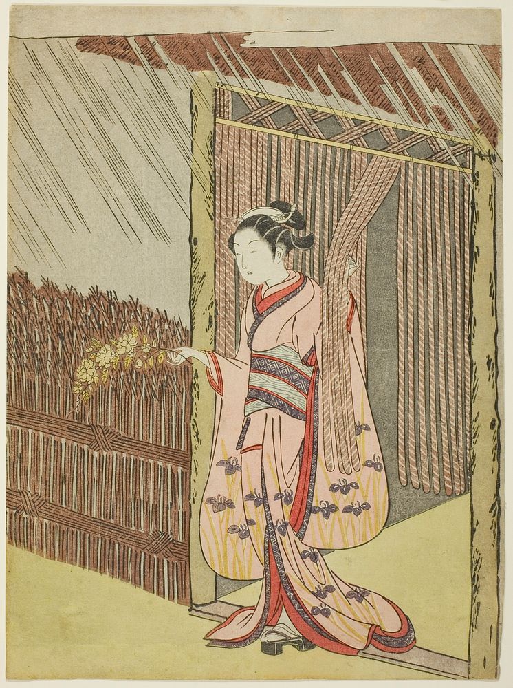 Woman Holding a Branch of Kerria Flowers in the Rain (parody of Ota Dokan) by Suzuki Harunobu