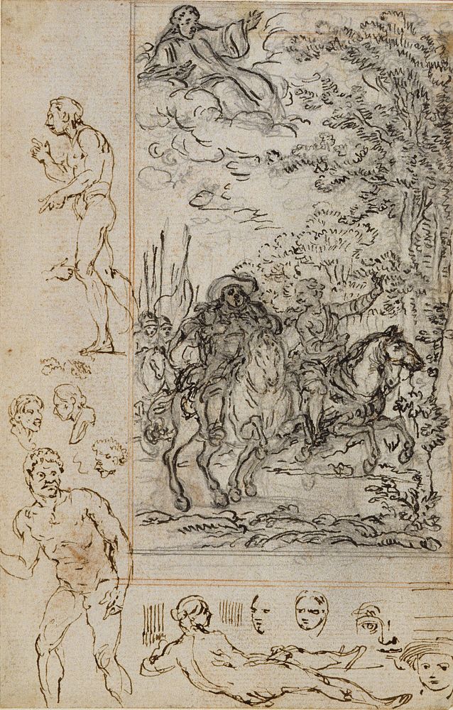 Study for Vignette in Voltaire's "La Pucelle d'Orleans", with Sketches of Heads and Nude Figures by Hubert François Gravelot