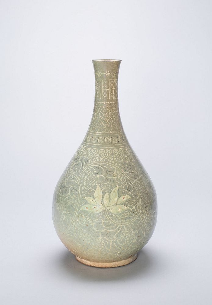 Bottle-Shaped Vase with Lotus Flowers and Stylized Scrolls