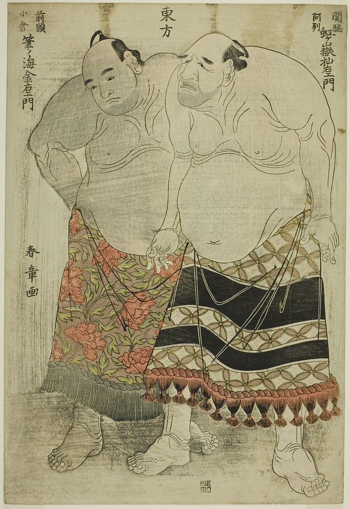 Sumo Wrestlers of the Eastern Group: (right) Nijigadake Somaemon of Sekiwake Rank from Awa Province, and (left) Fudenoumi…