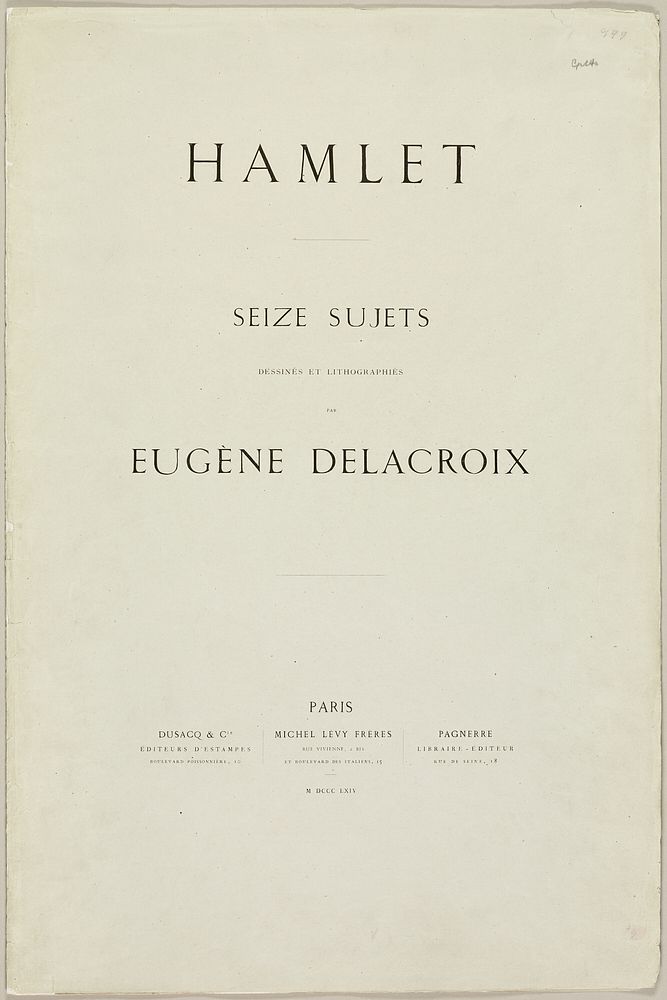 Hamlet — Laertes in Ophelia's Grave, title page and table of contents from Hamlet by Eugène Delacroix
