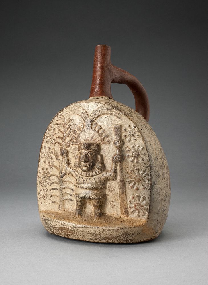 Handle Spout Vessel with Relief Depicting a Standing Figure, Holding Farming Tools by Moche