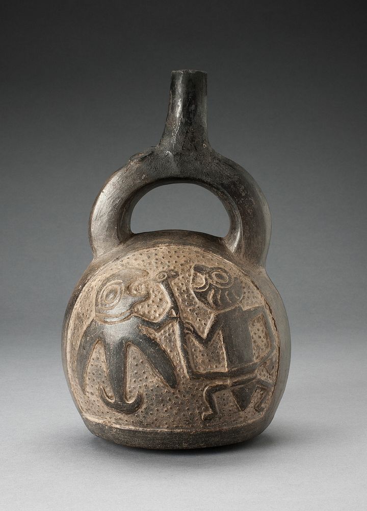 Stirrup Spout Vessel with Relief Depicting a Mythic Hunting Scene by Chimú