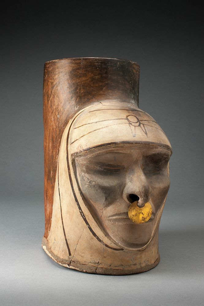 Fragment of a Jar in the Form of a Human Head, Possibly Deceased, Wearing a Nosering by Moche