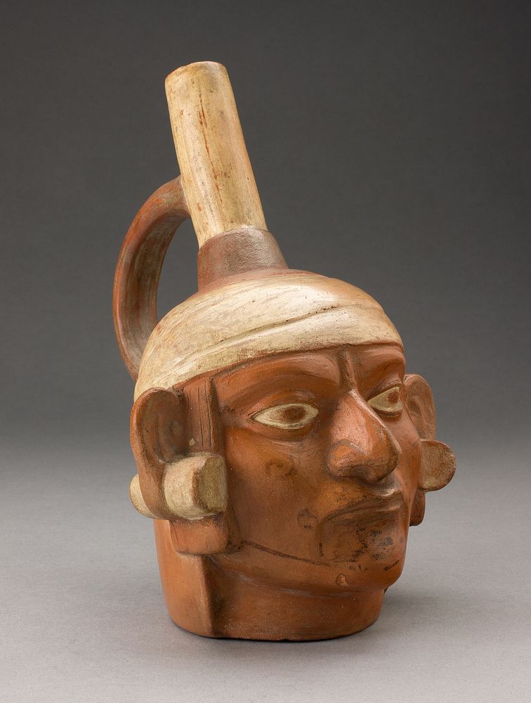 Portrait Vessel of a Ruler with Face Paint and Large Earflares by Moche