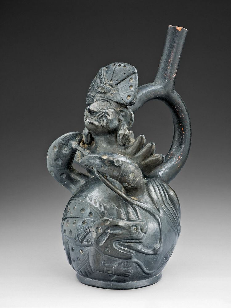 Blackware Vessel in the Form of a Figure Fishing, Possibly Ai-Apec, with a Crab by Moche