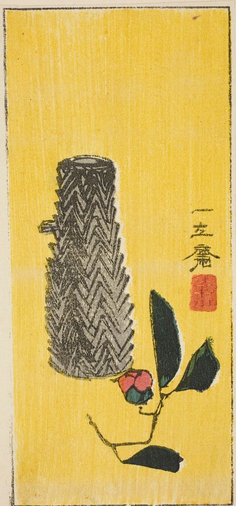 Camellia and basket, section of an untitled harimaze sheet by Utagawa Hiroshige