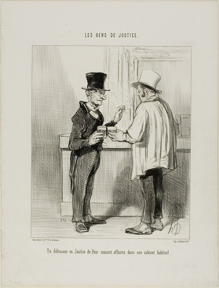 A defence lawyer at the Court of Arbitration discussing business at his usual office premises, plate 27 from Les Gens De…