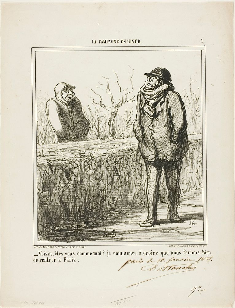 “- Hello, neighbour, are you like me? I start to believe we would do well returning to Paris,” plate 1 from La Campagne En…