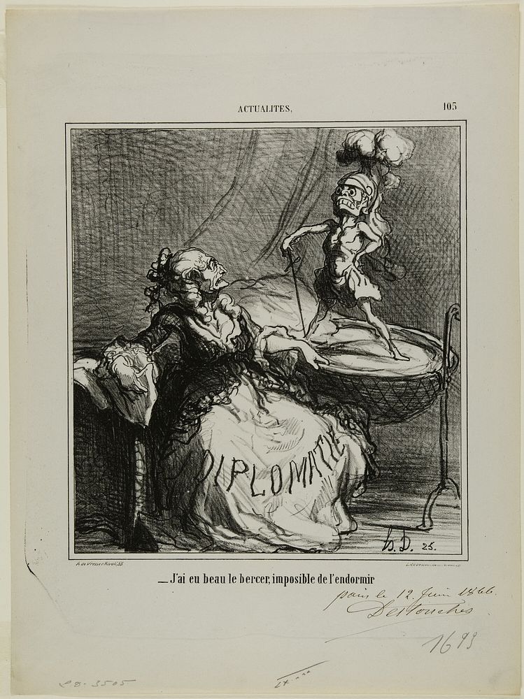“- No matter how much I rock him, it is impossible to make him fall asleep,” plate 105 from Actualités by Honoré-Victorin…