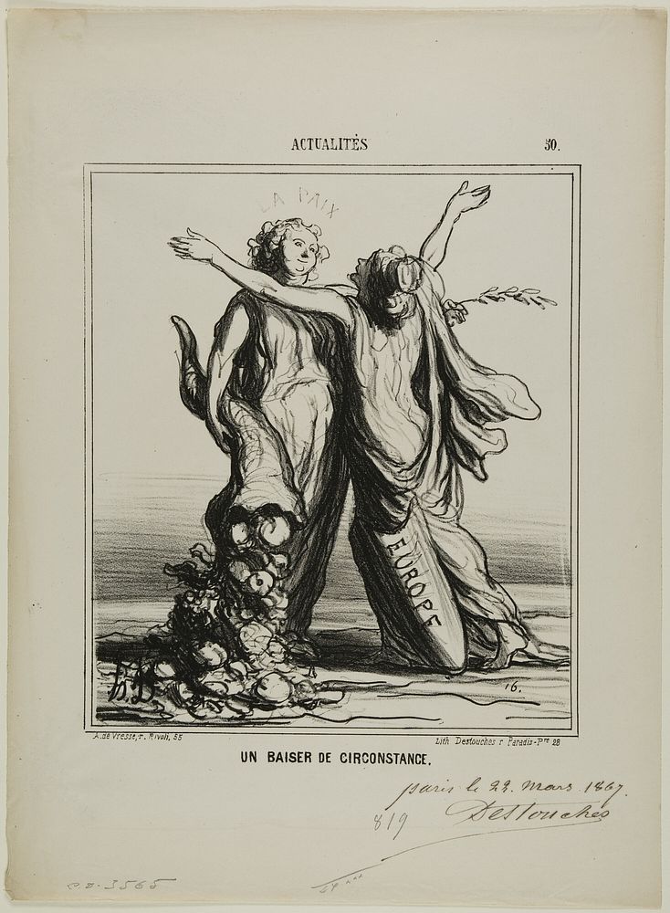 A Kiss of Circumstances, plate 50 from Actualités by Honoré-Victorin Daumier